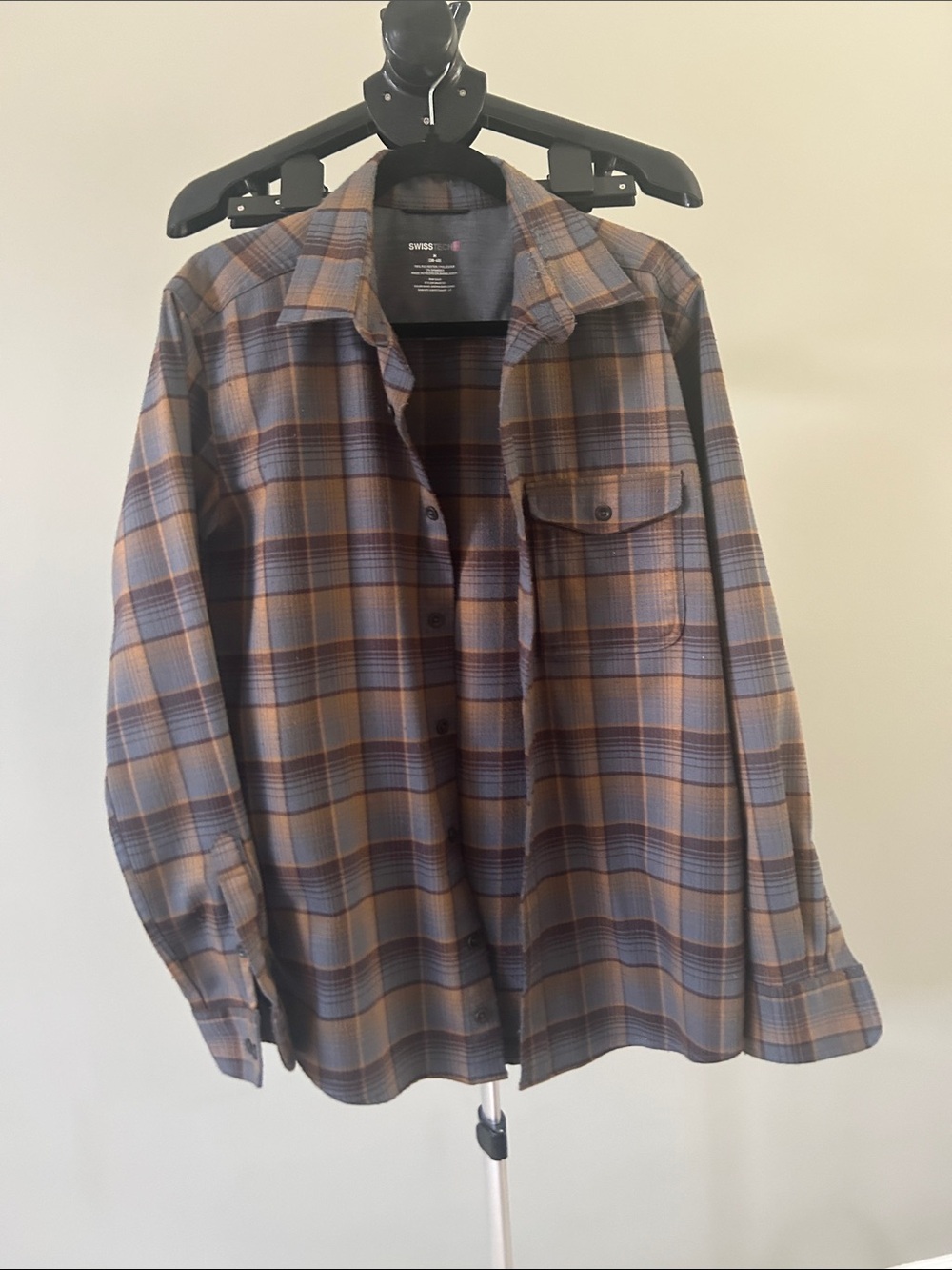 Swiss Tech Plaid Flannel Shirt Men's Medium Brown Blue Button Up Outdoor